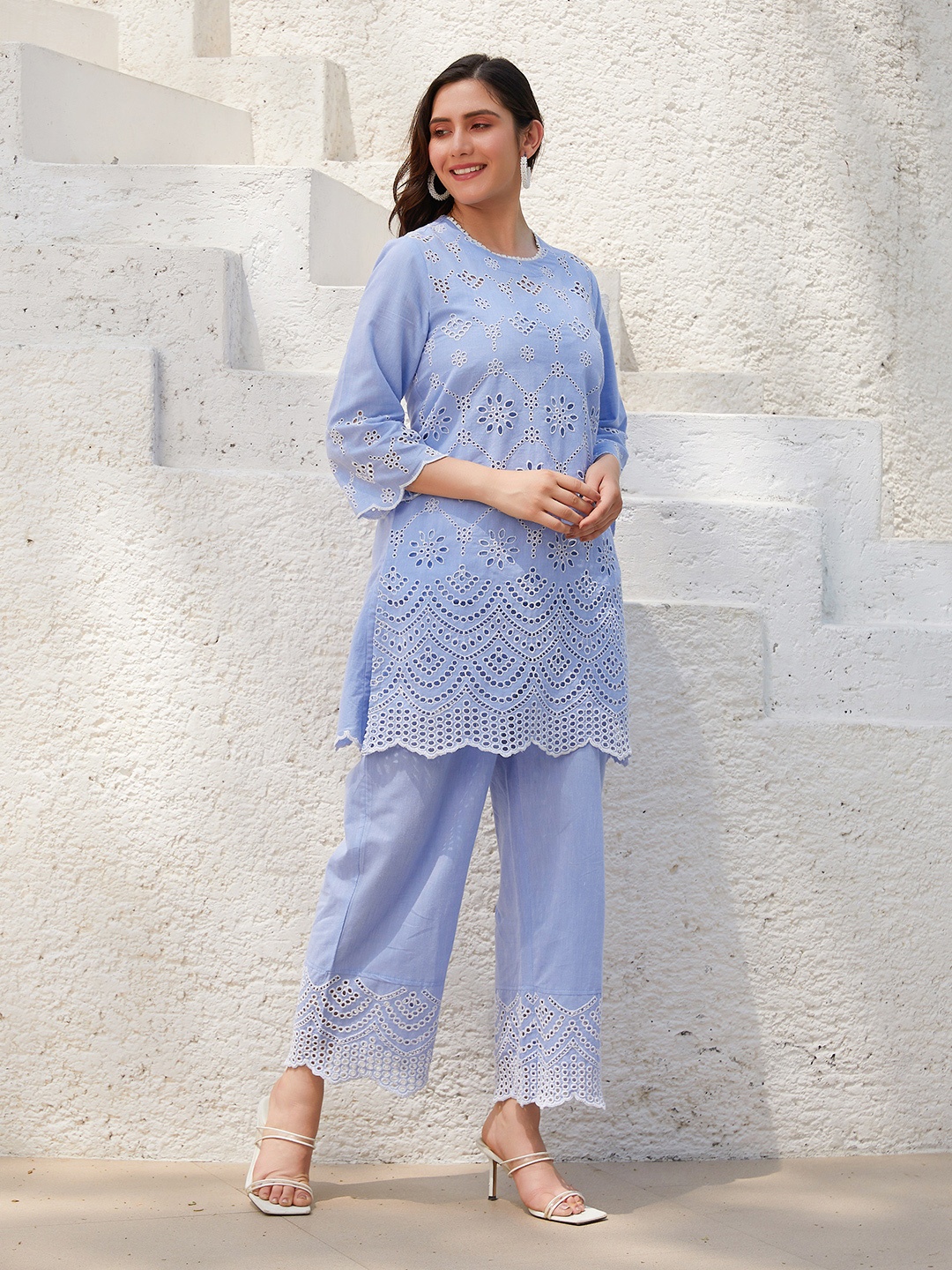 

Biba Women Embroidered Regular Pure Cotton Kurta With Palazzos, Blue