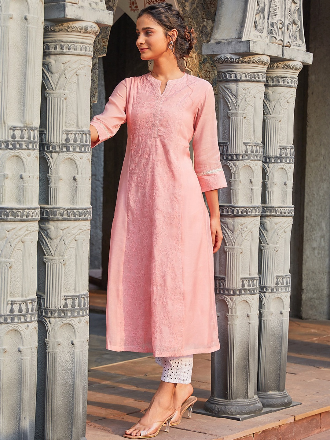 

Biba Ethnic Motifs Embroidered Notch Neck A-Line Kurta, Pink