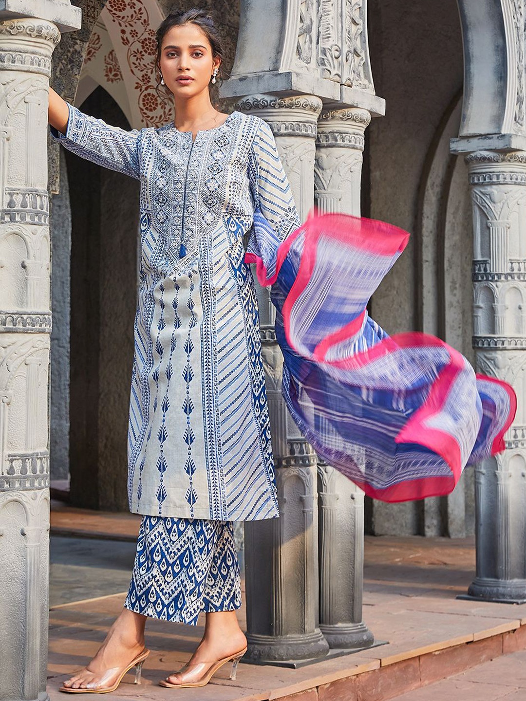 

Biba Ethnic Motifs Printed Pure Cotton Kurta With Palazzo & Dupatta, Blue