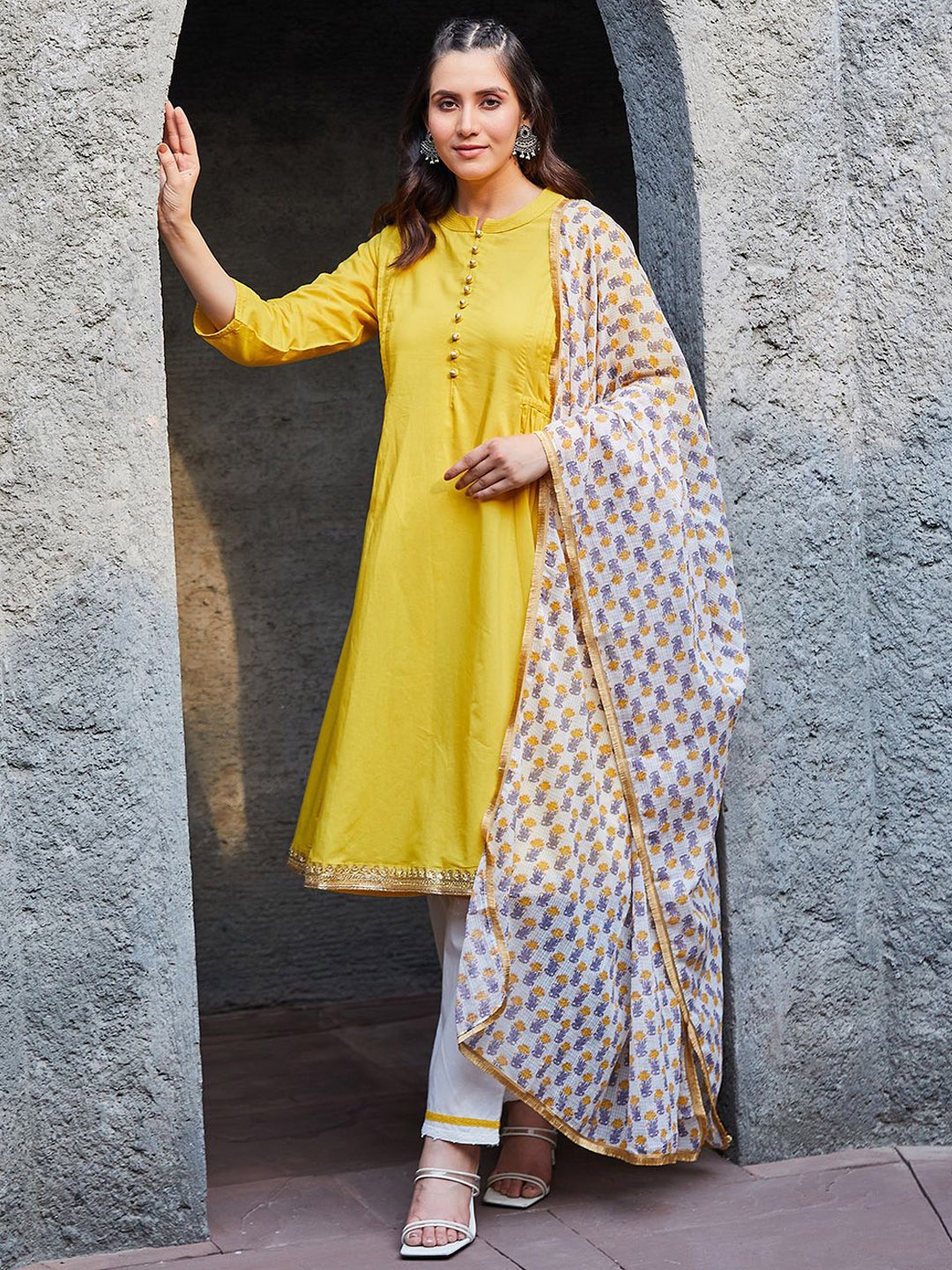 

Biba Pure Cotton A-Line Kurta With Trousers & Dupatta, Yellow