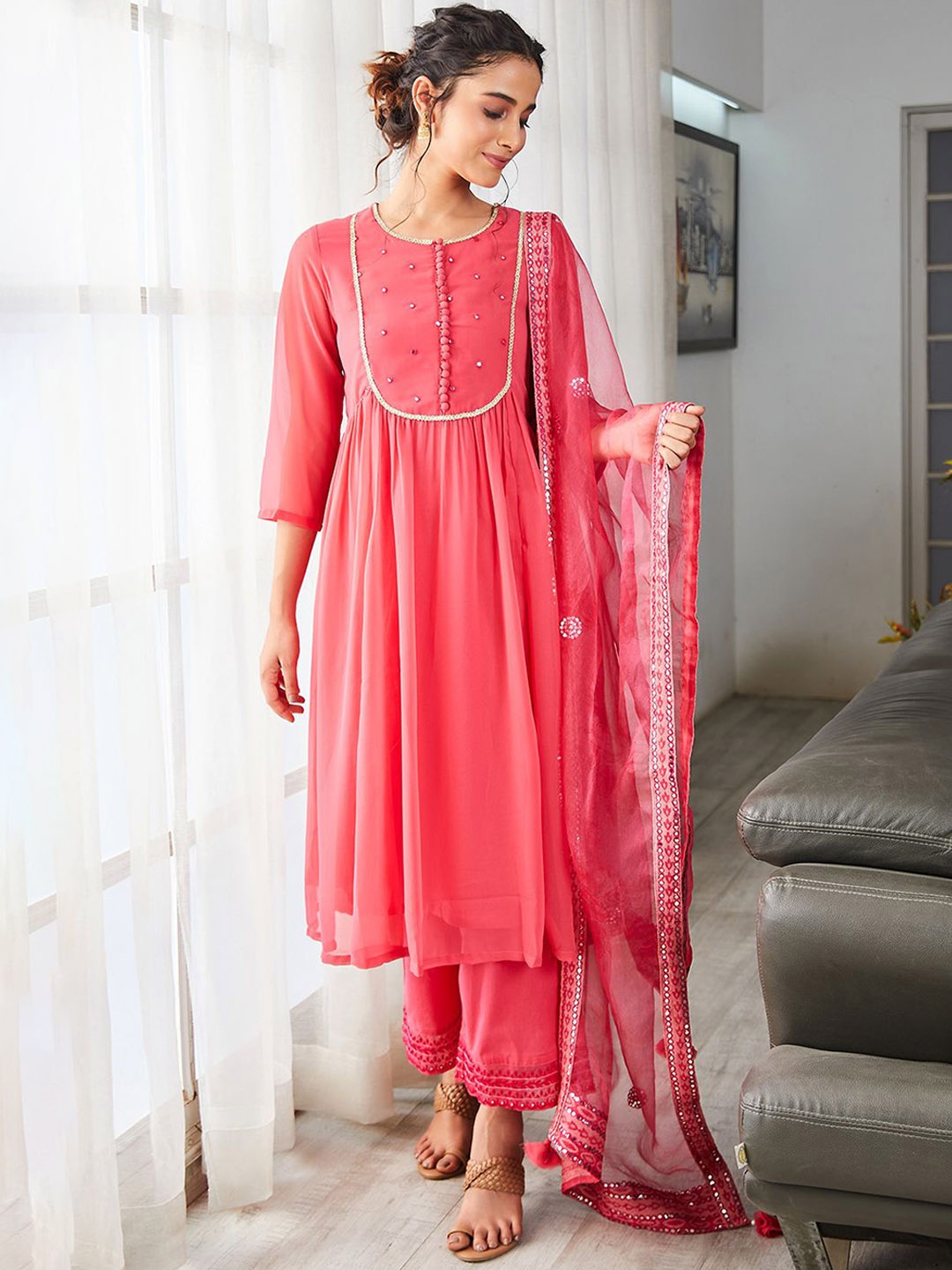 

Biba Embroidered Angrakha Kurta With Palazzo & Dupatta, Pink