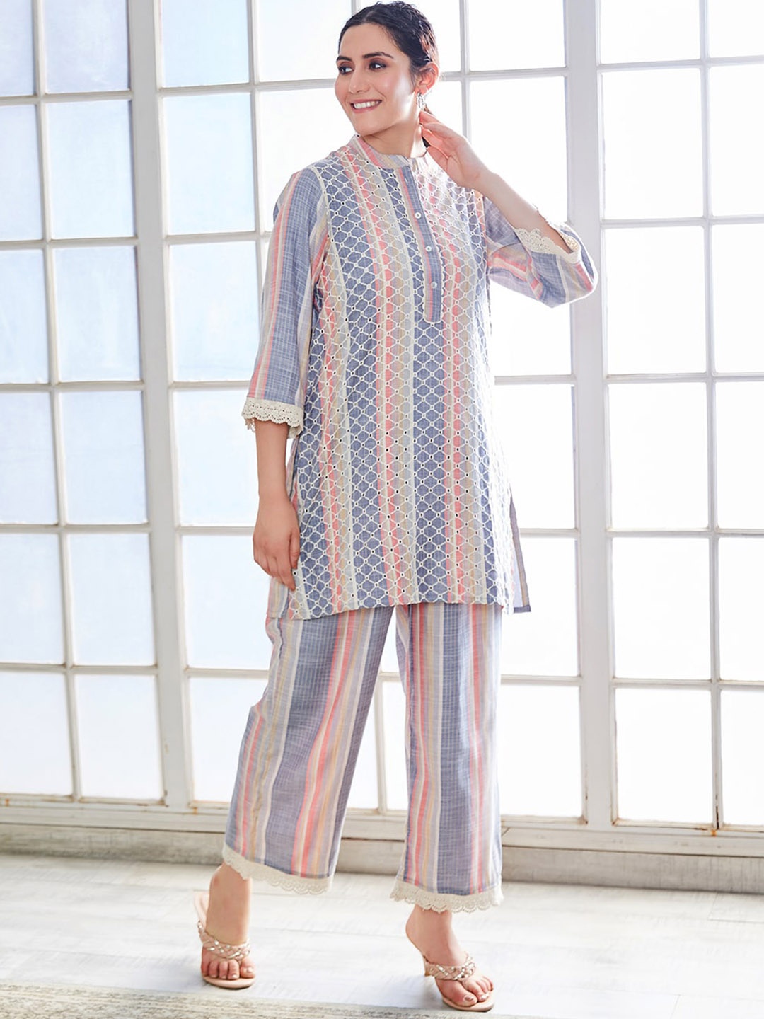 

Biba Striped Embroidered Straight Kurta With Palazzo, Grey