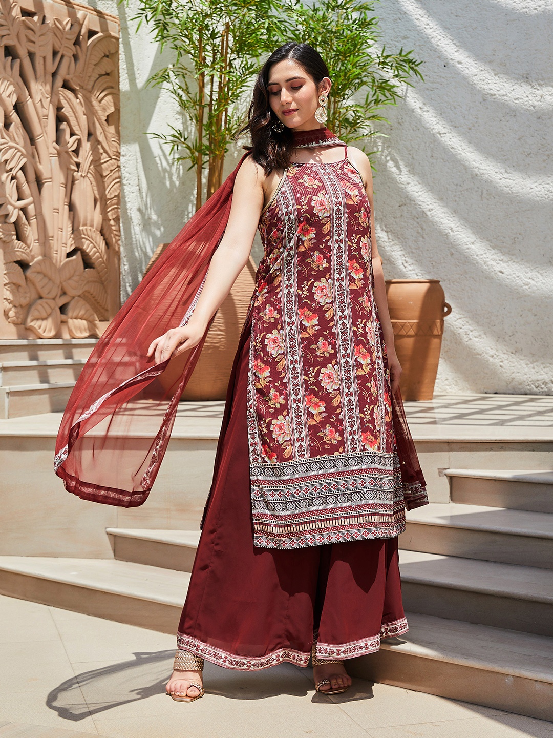 

Biba Women Mirror Work Floral Regular Kurta with Sharara & Dupatta, Maroon