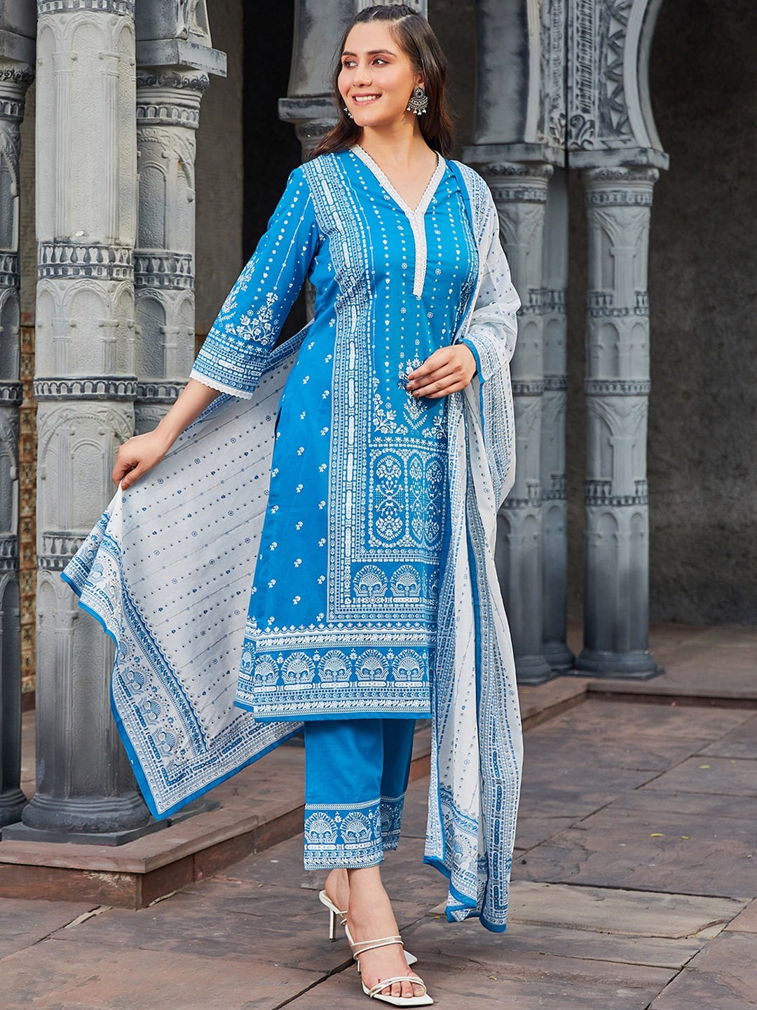 

Biba Floral Printed Pure Cotton Straight Kurta With Trousers & Dupatta, Blue