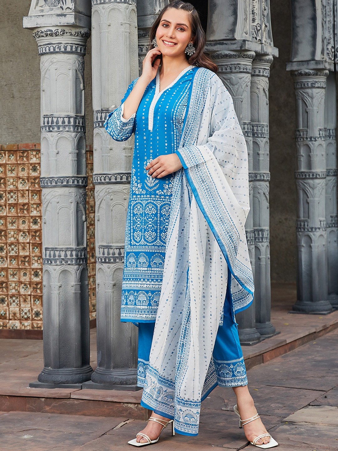 

Biba Floral Printed Pure Cotton Straight Kurta With Trousers & Dupatta, Blue