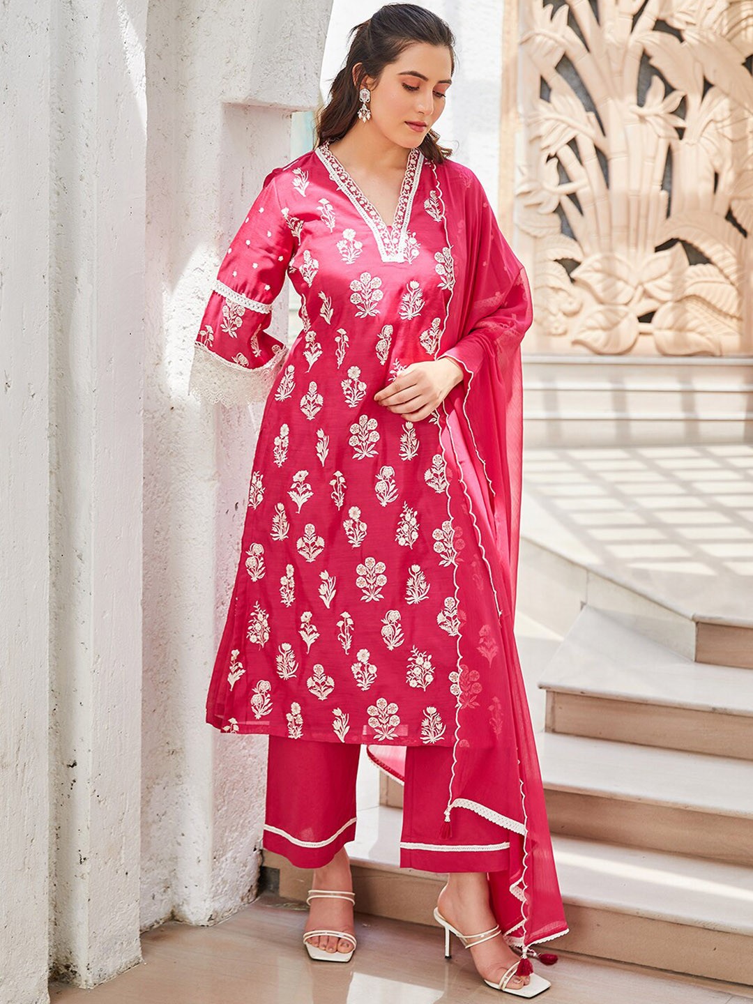 

Biba Floral Embroidered Straight Kurta With Palazzos & Dupatta, Pink