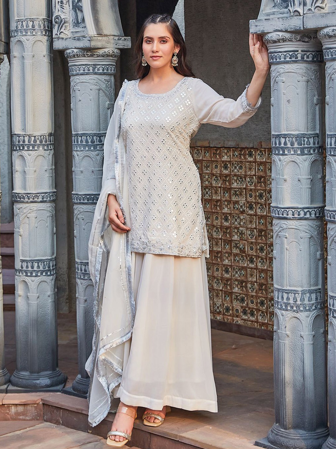 

Biba Ethnic Motifs Embroidered Straight Kurta With Sharara & Dupatta, Off white