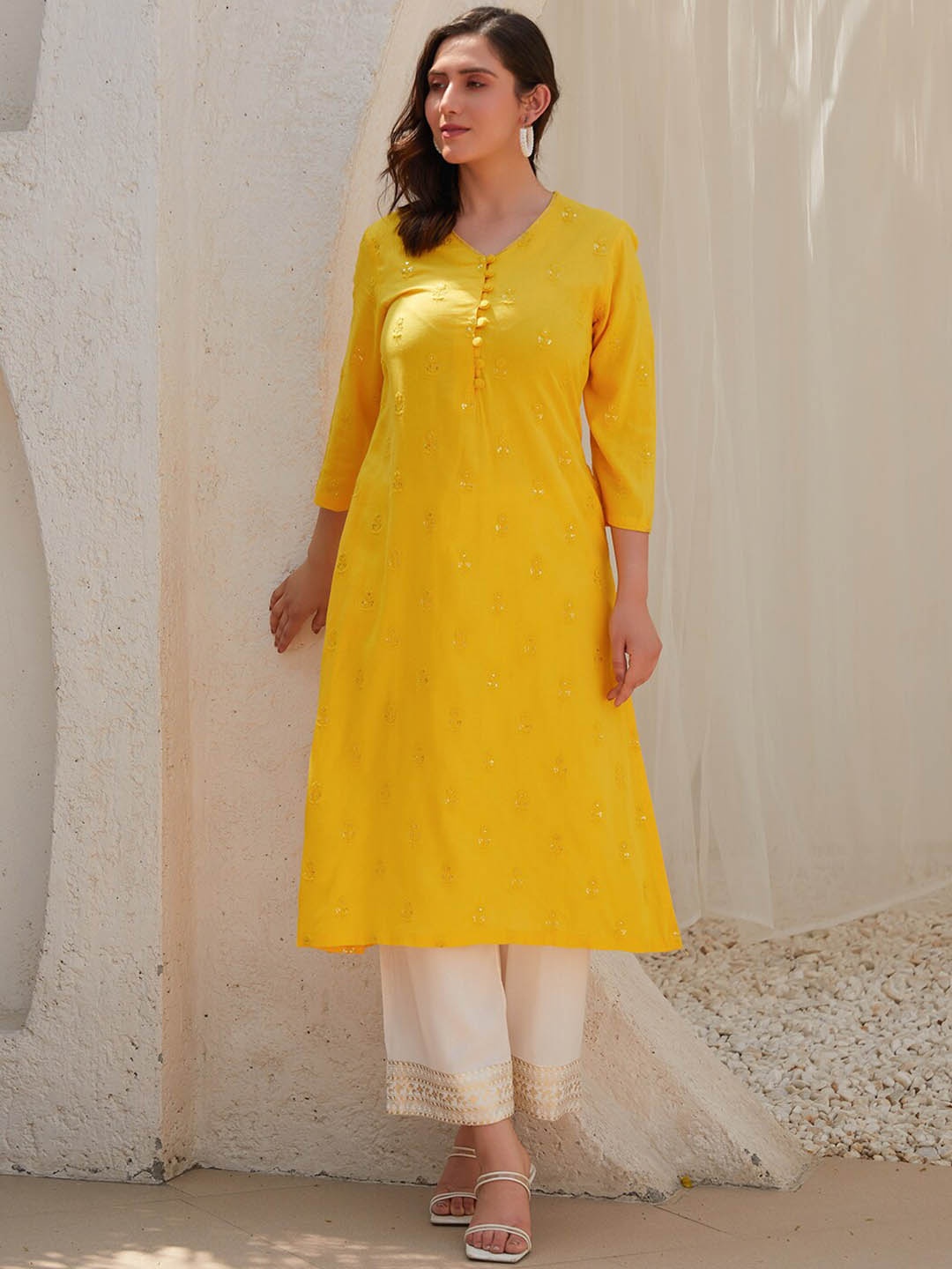 

Biba Floral Embroidered Sequins A-Line Kurta, Yellow
