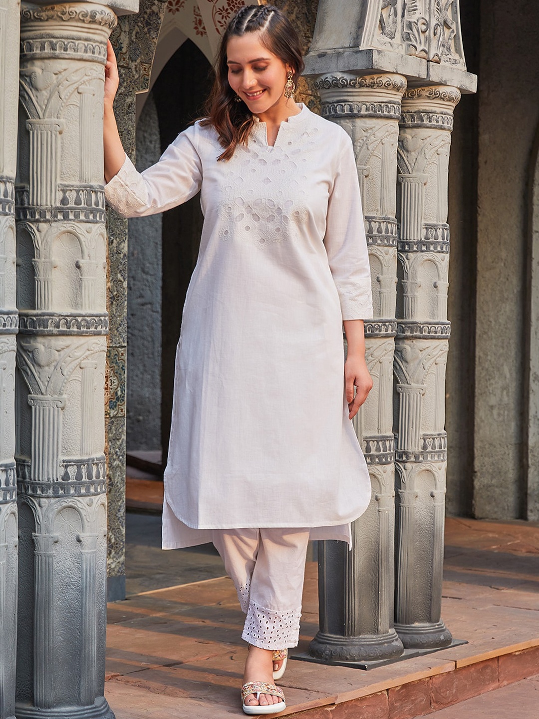 

Biba Geometric Embroidered Band Collar Three-Quarter Sleeves Straight Kurta, White