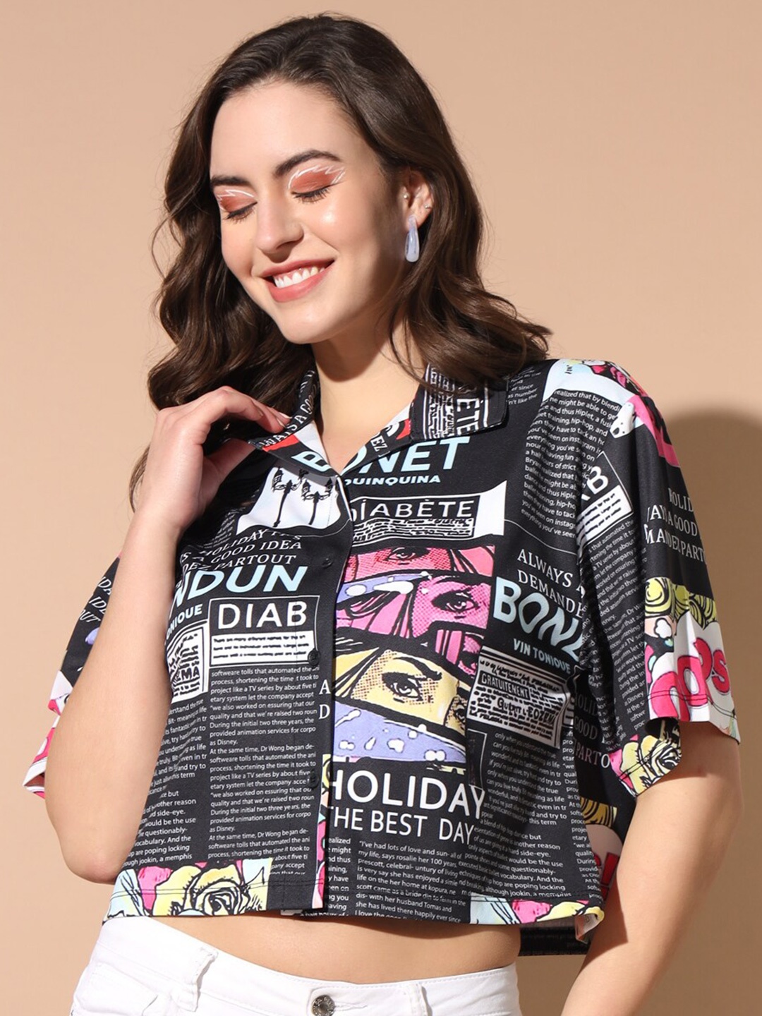 

TANDUL Smart Typography Printed Casual Crop Shirt, Black