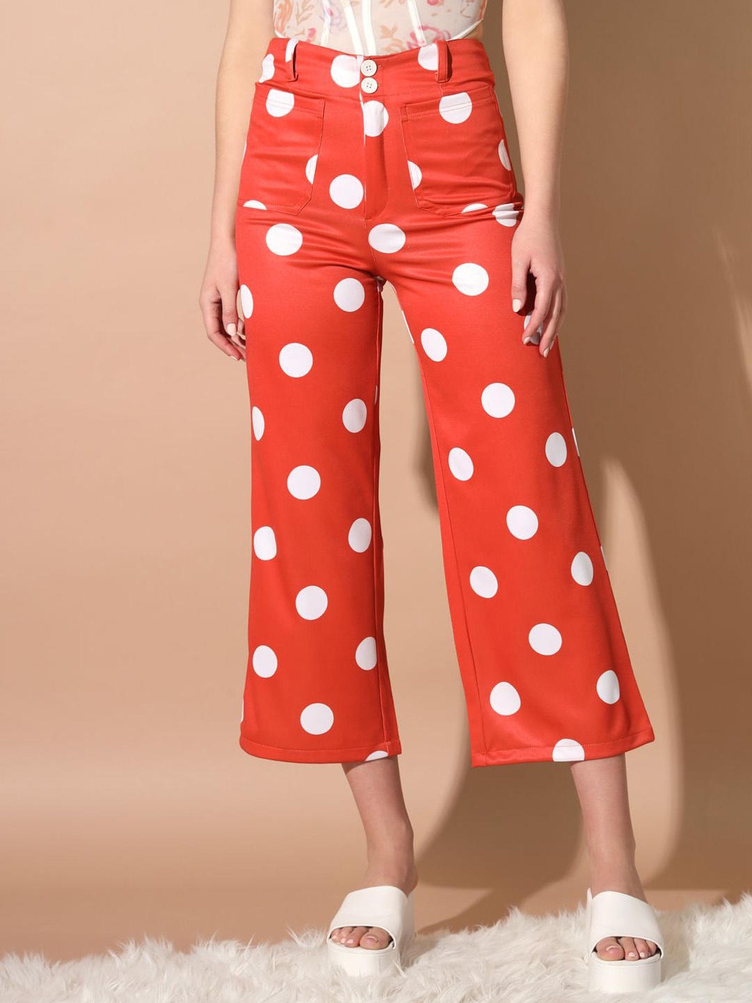

TANDUL Women Polka Dots Printed Original Mid-Rise Cropped Parallel Trousers, Red
