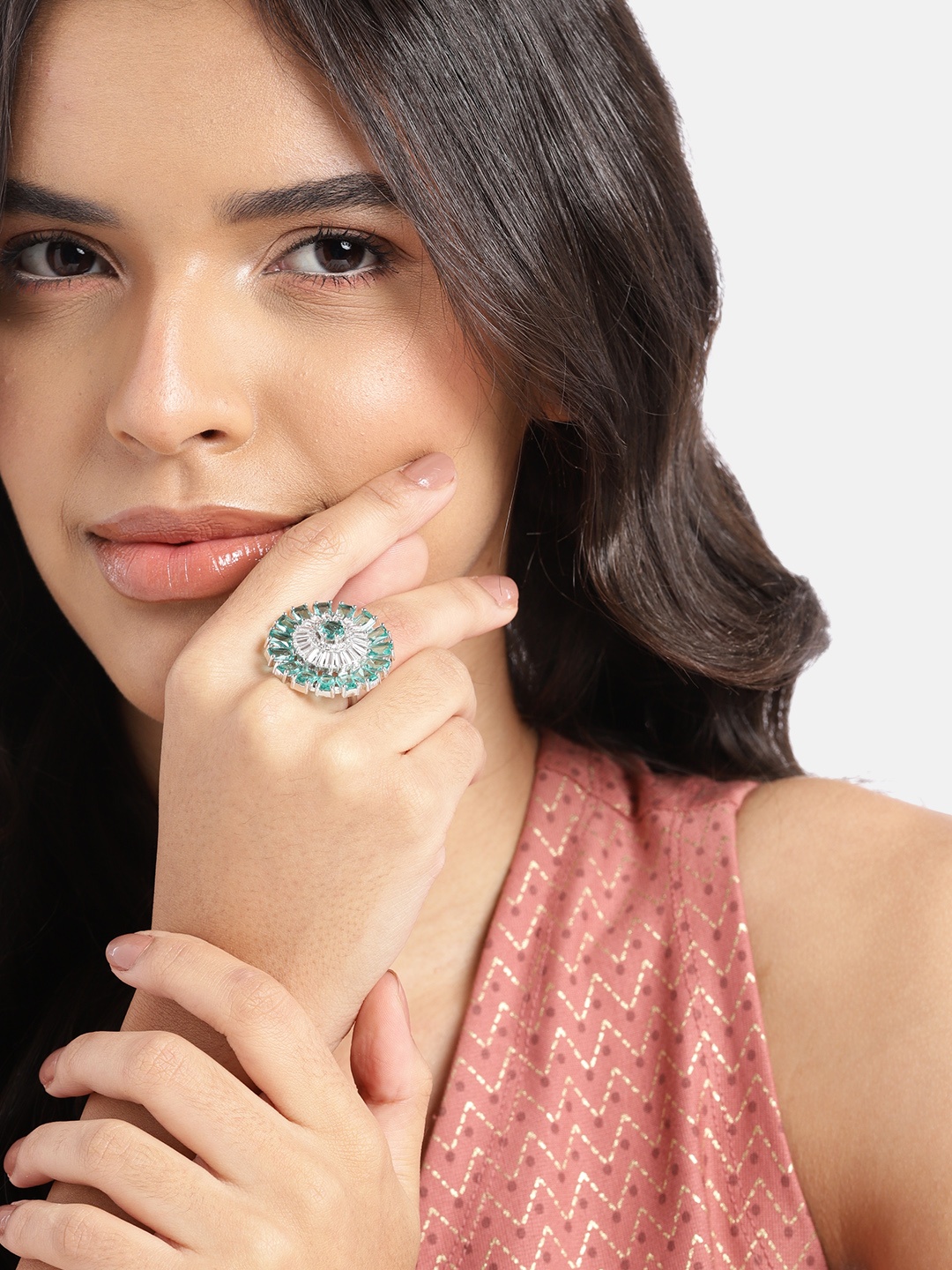 

Anouk Silver Plated Studded Adjusted Finger Ring, Green