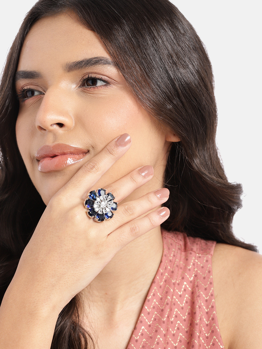 

Anouk Silver-Plated AD-Studded Adjustable Finger Ring, Navy blue