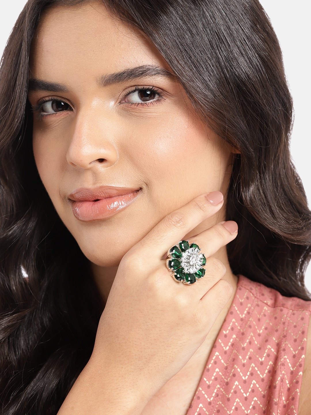 

Anouk Silver-Plated AD-Studded Adjustable Finger Ring, Green