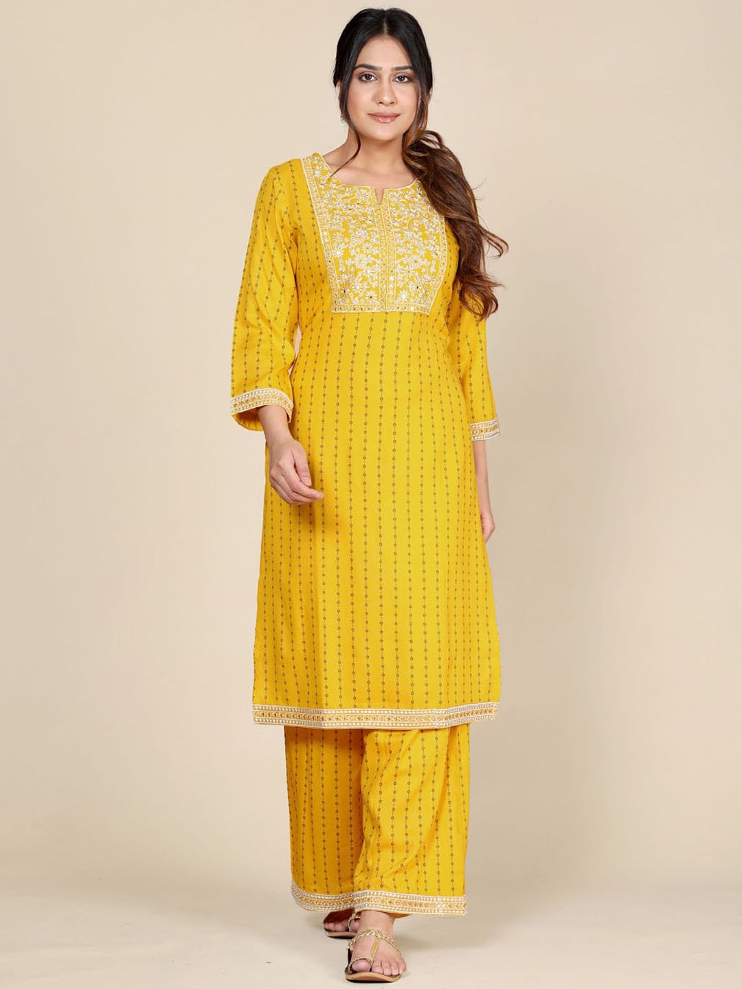 

HERE&NOW Floral Printed Regular Kurta with Palazzos, Mustard