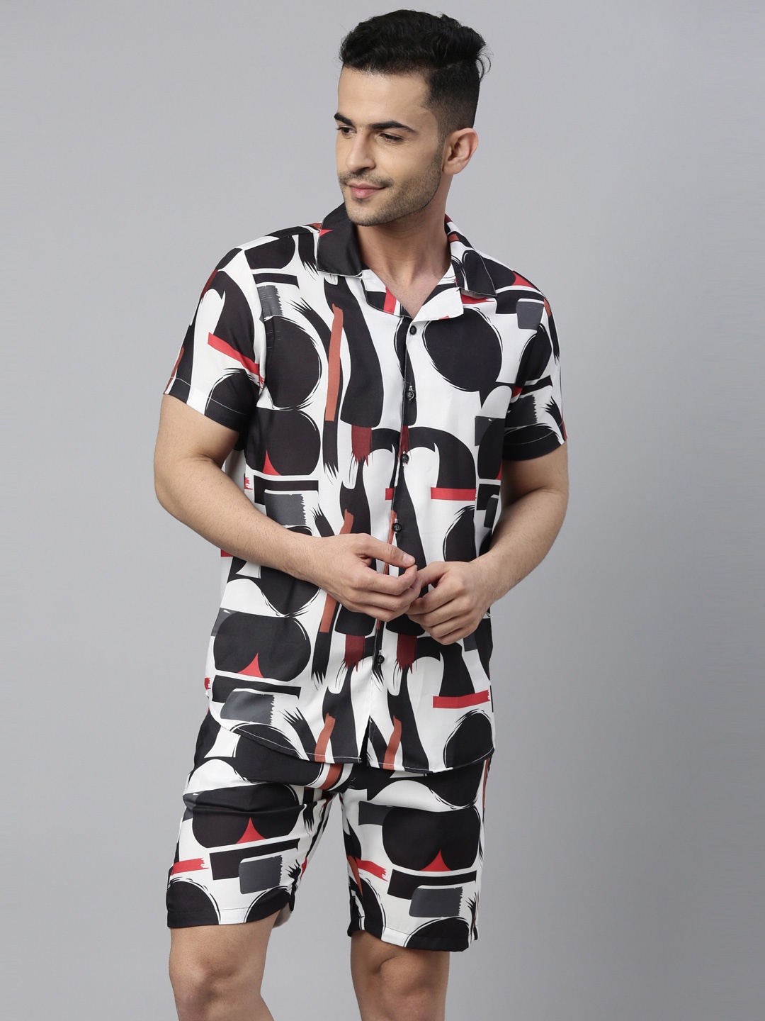 

Bushirt Men Abstract Printed Co-Ords, Black