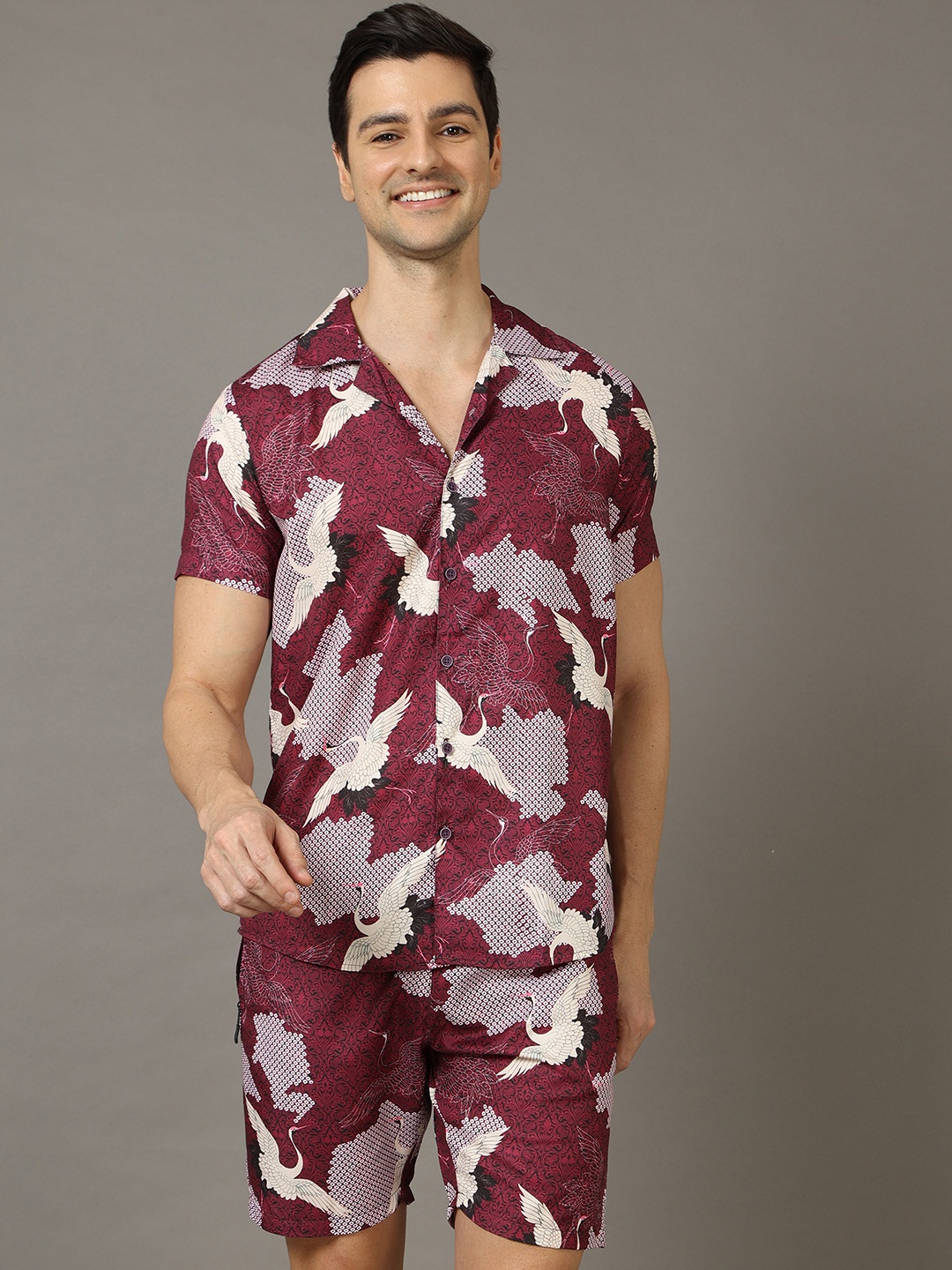 

Bushirt MEN Printed Short Sleeve Shirt & Shorts Co-Ords, Maroon