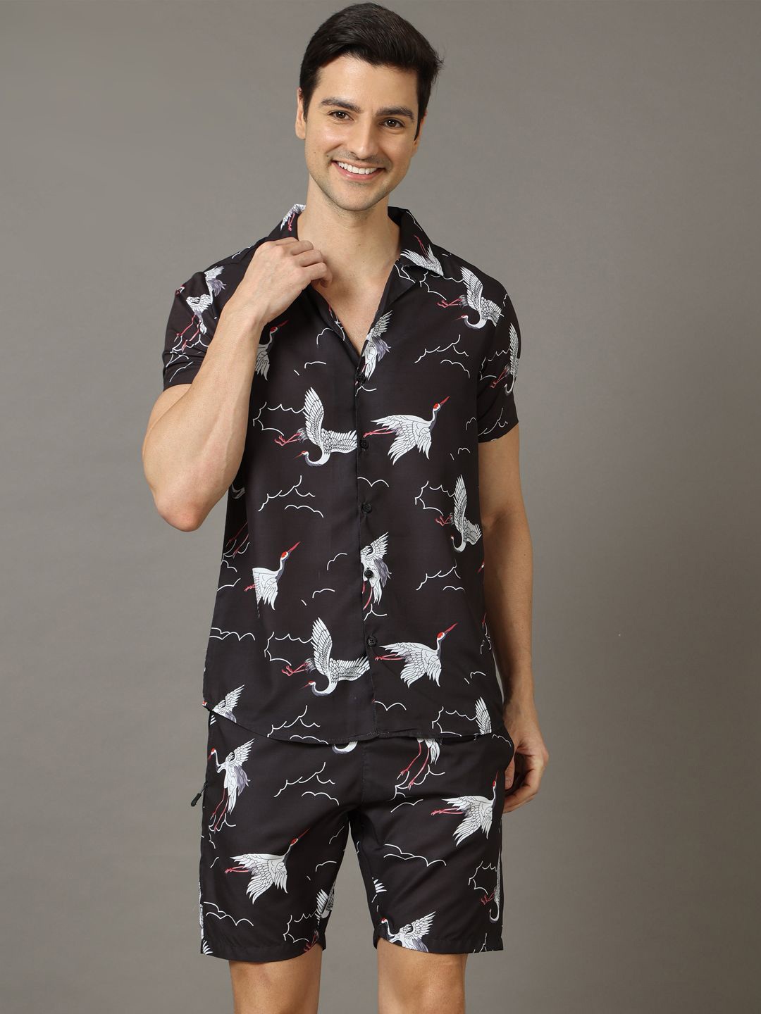

Bushirt Men Printed Shirt With Shorts Co-Ords, Black