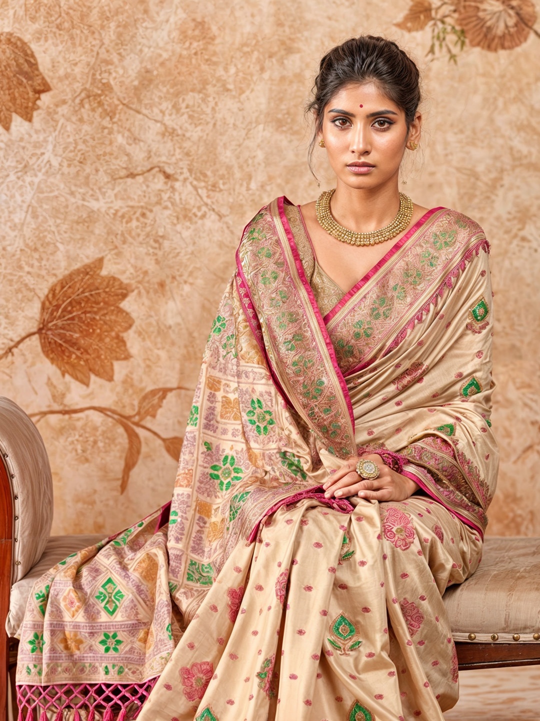 

Mitera Woven Design Zari Art Silk Patola Saree With Blouse Piece, Cream