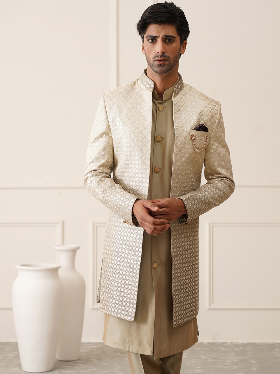 

Denis Parkar Green Embroidered Open Sherwani set