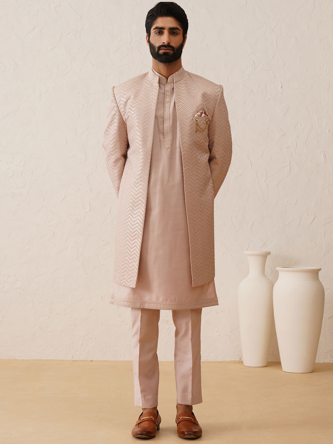

Denis Parkar Men Embroidered Mandarin Collar Sherwani Set, Pink