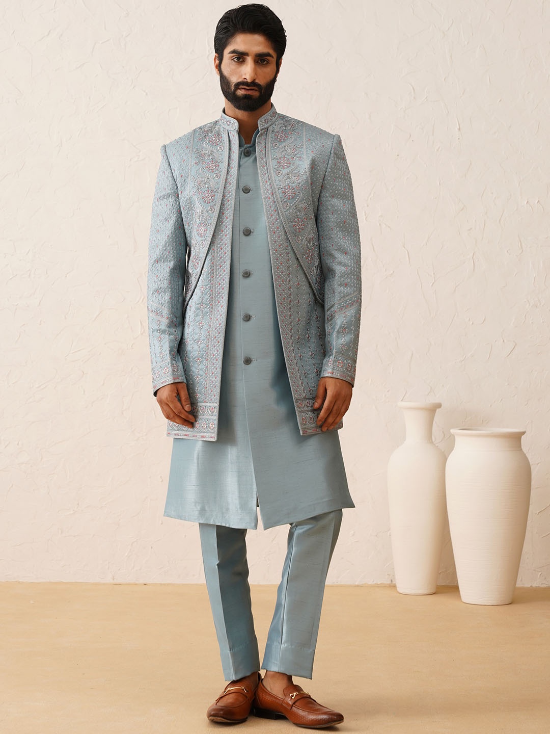 

Denis Parkar Men Embroidered Mandarin Collar Sherwani Set, Blue