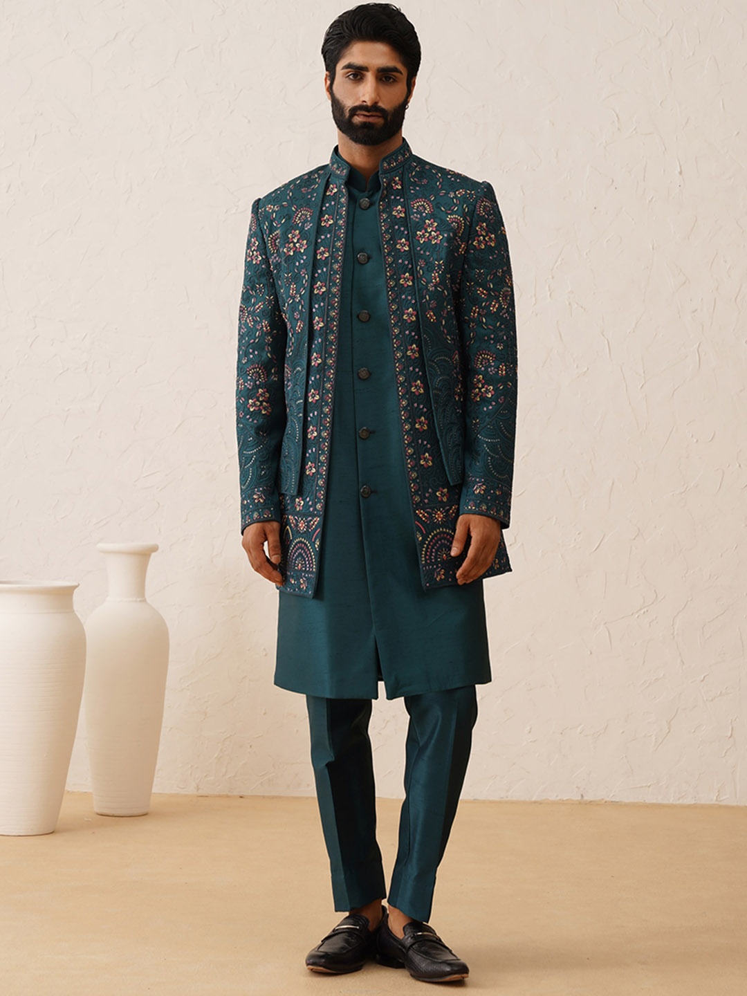 

Denis Parkar Men Embroidered Mandarin Collar Sherwani Set, Teal