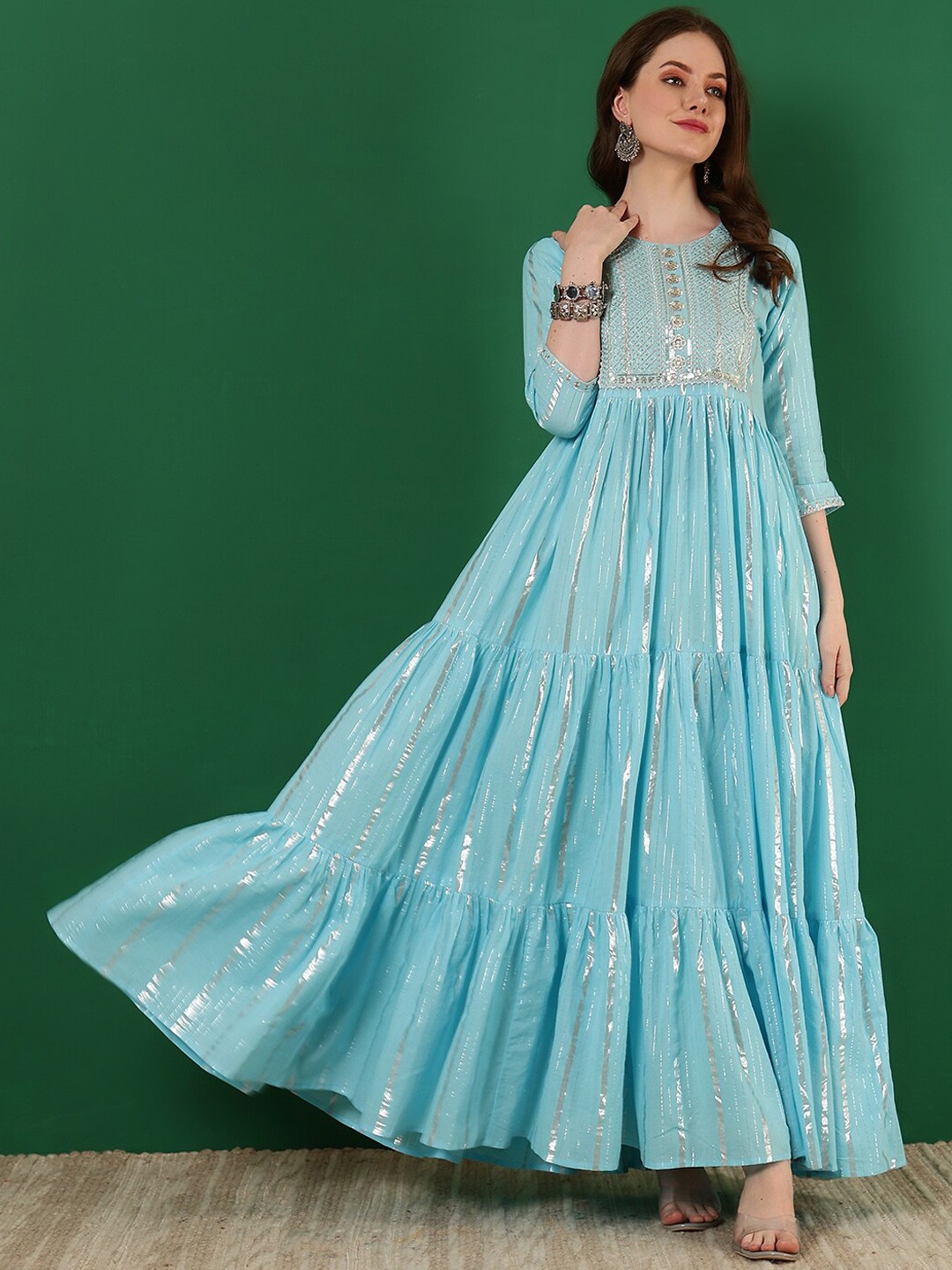 

GLAM ROOTS Ethnic Motifs Embroidered Anarkali Kurta, Blue