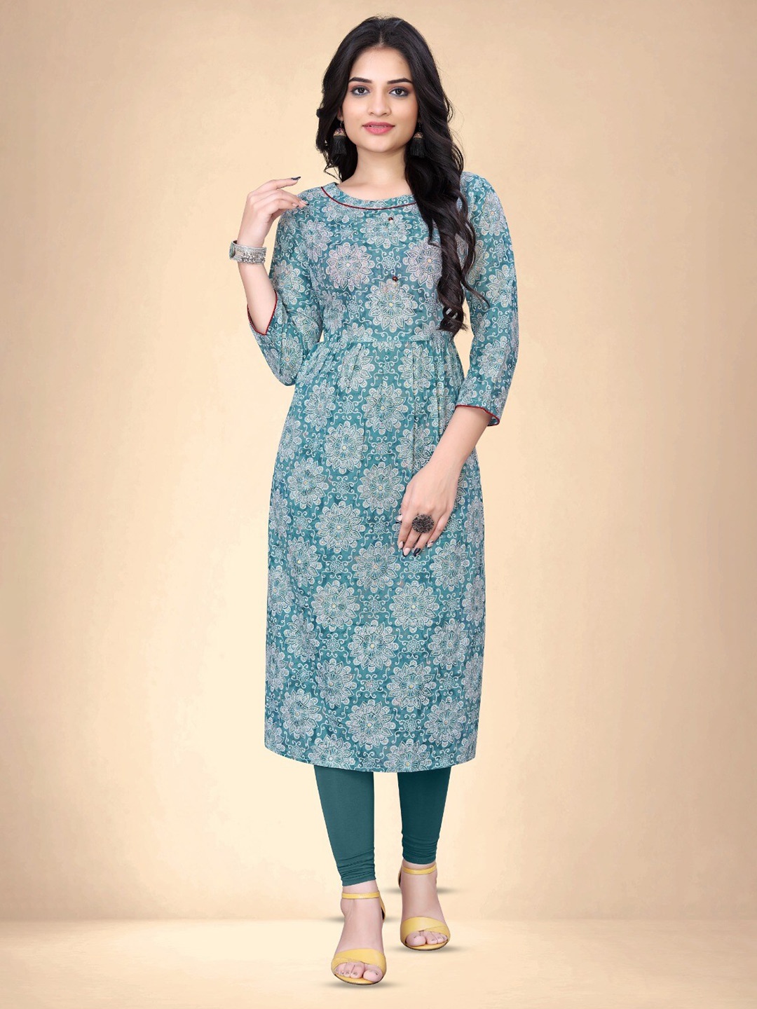 

Abhilasha Women Floral Printed Pure Cotton Round Neck A-Line Kurta, Blue