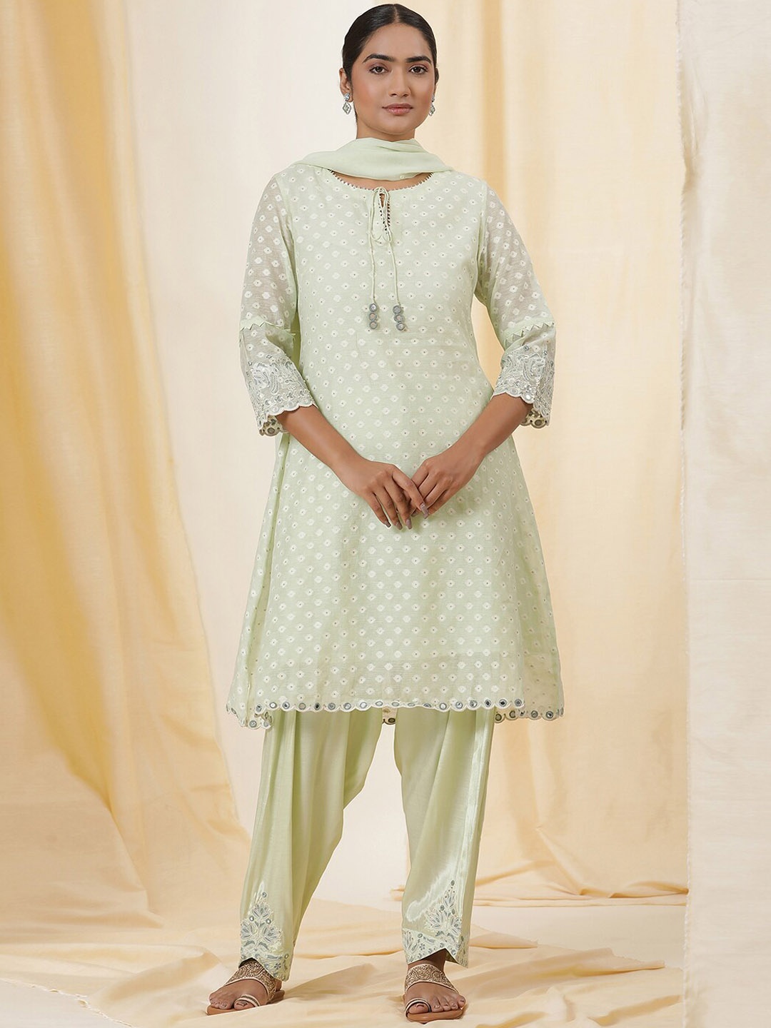 

W Ethnic Motifs Printed Gotta Patti Tie-Up Neck A-Line Kurta With Salwar & Dupatta, Green