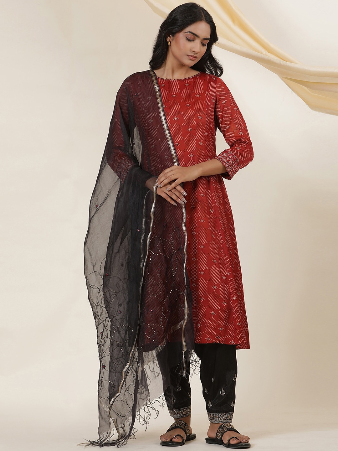 

W Abstract Woven Design Round Neck A-line Kurta, Red