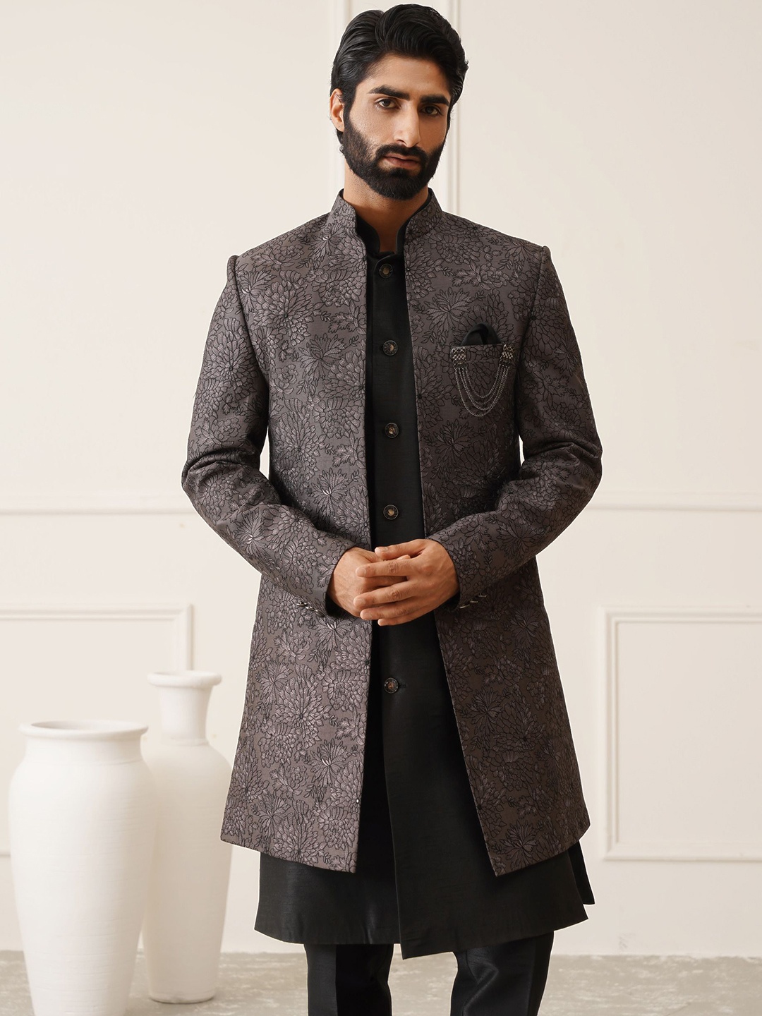 

Denis Parkar Men Printed Mandarin Collar Sherwani Set, Grey