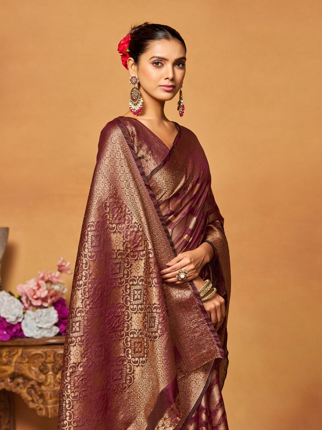 

KALINI Woven Design Zari Organza Heavy Work Banarasi Saree, Purple