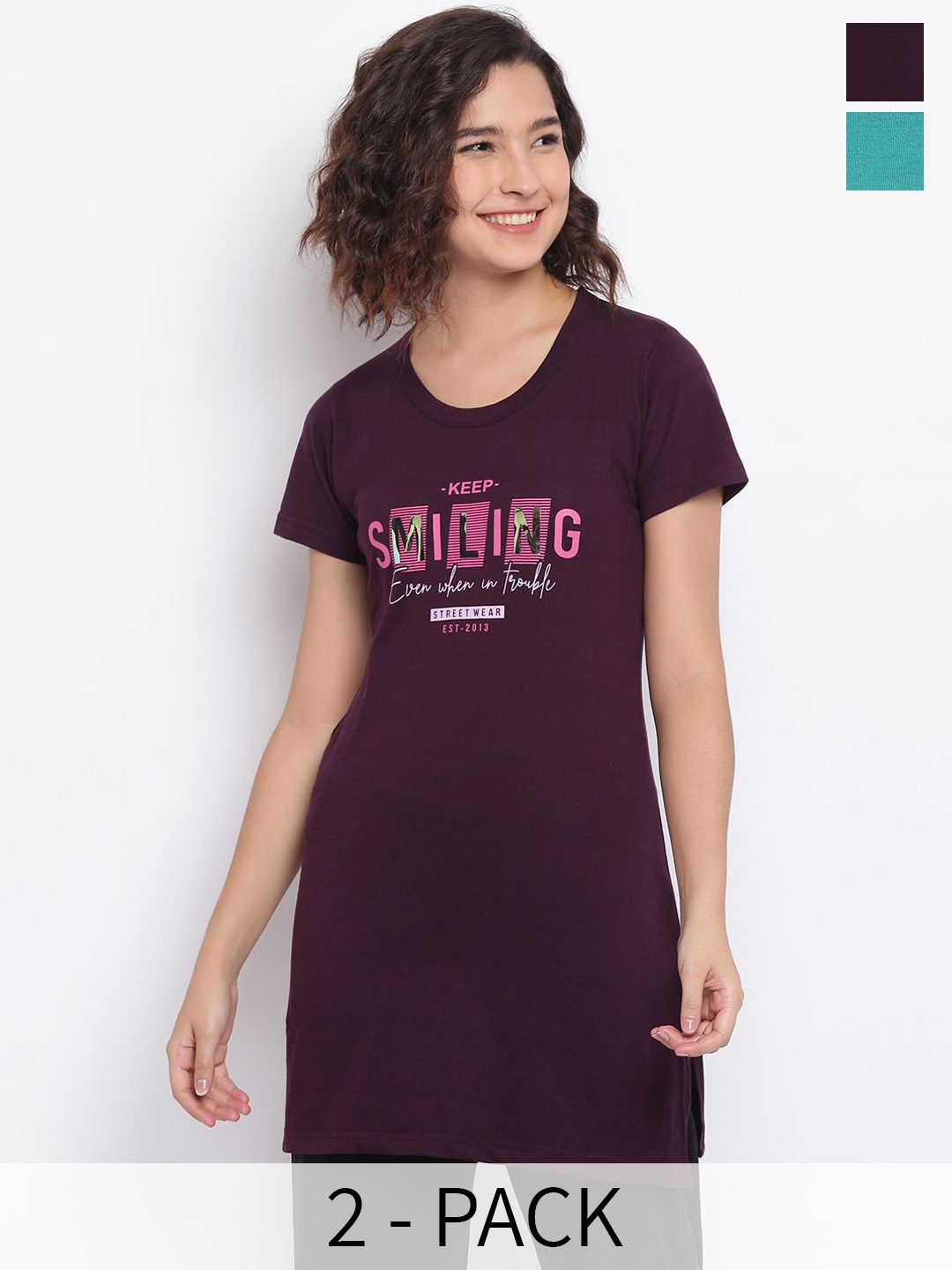

Duchess Women Pack Of 2 Printed Cotton Lounge T-Shirts, Purple