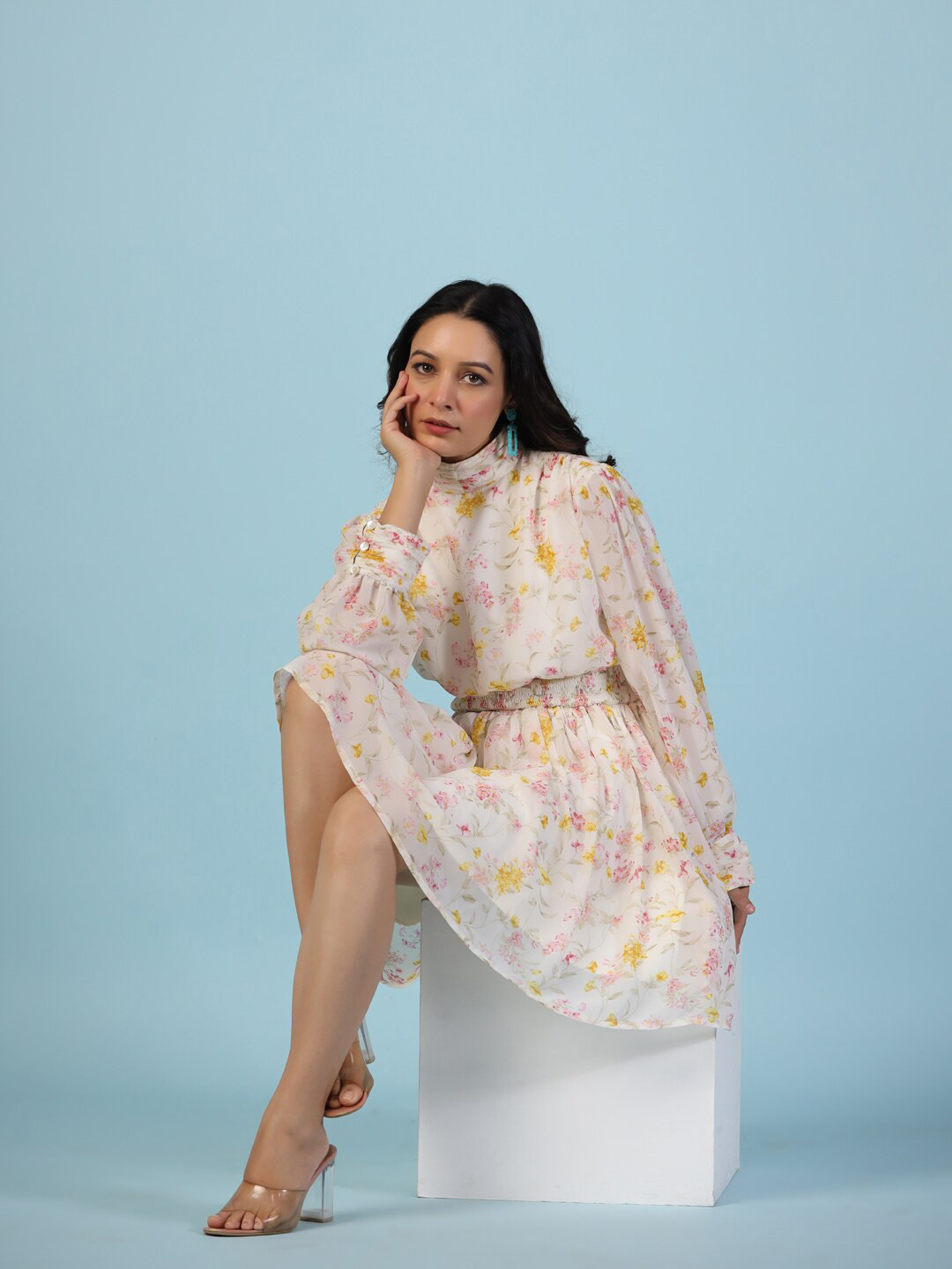 

Chemistry Floral Printed Flared Tie-Up Neck Puff Sleeve Fit & Flare Dress, Off white