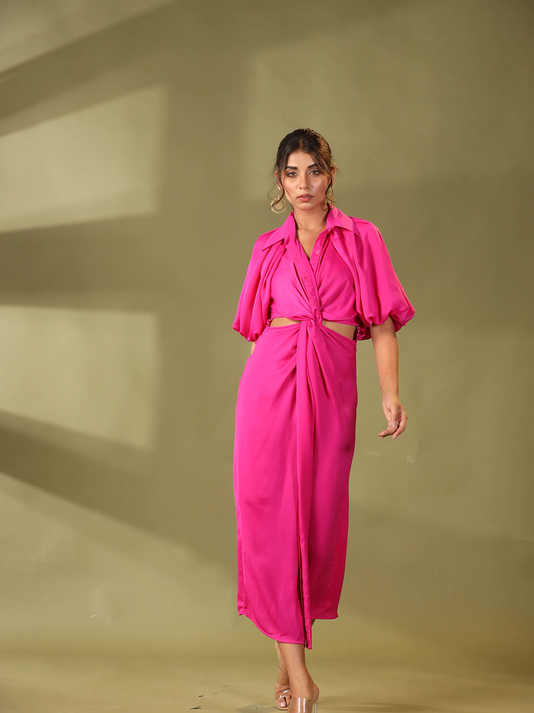 

Chemistry Shirt Collar Puff Sleeves Cut-outs A-Line Dress, Pink