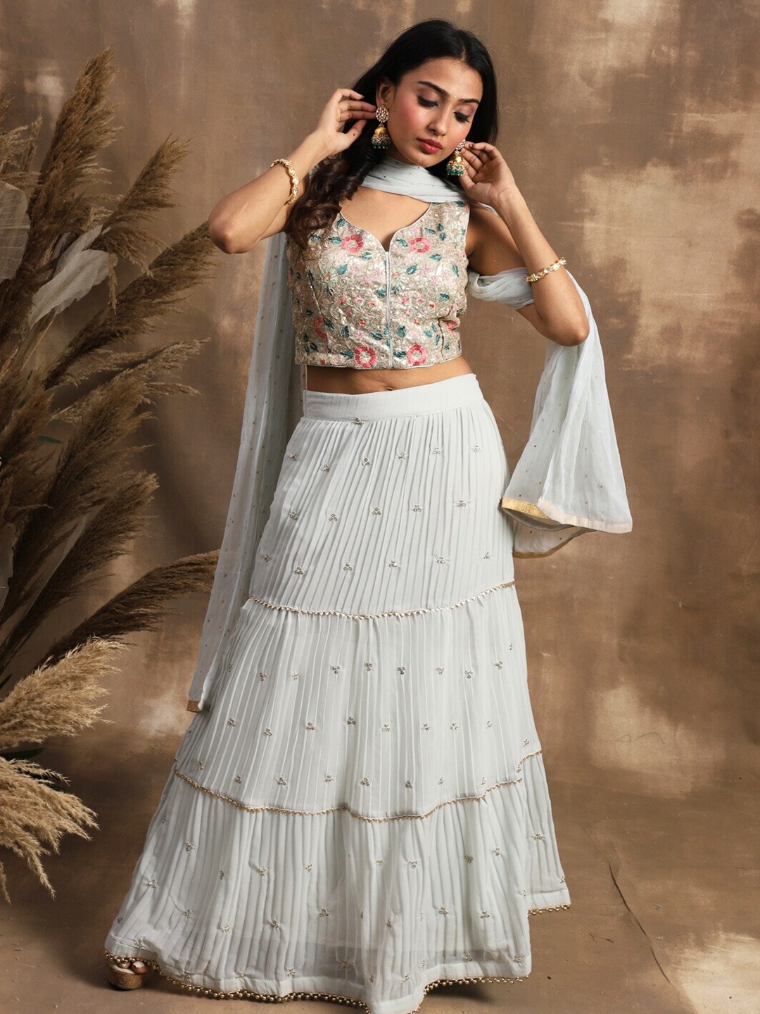 

Chhabra 555 Embroidered Made to Measure U-Neck Blouse Lehenga & Dupatta Set, Pink