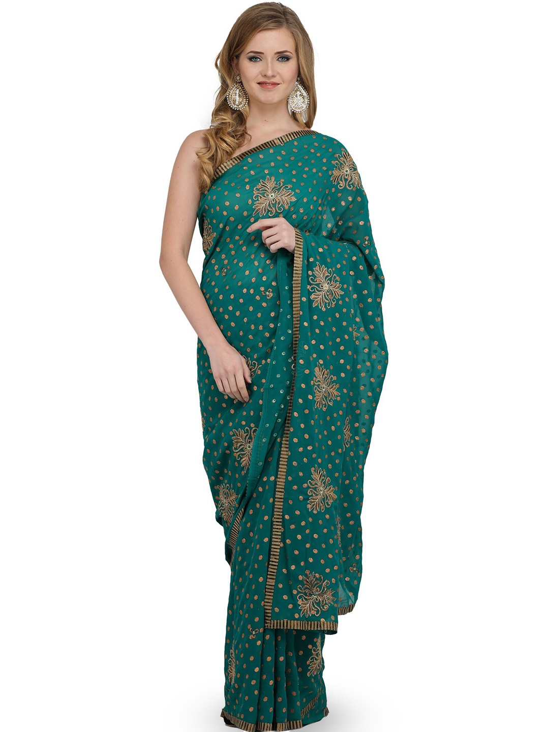 

Exotic India Chiffon Wedding Saree with Embroidered Bootis, Green