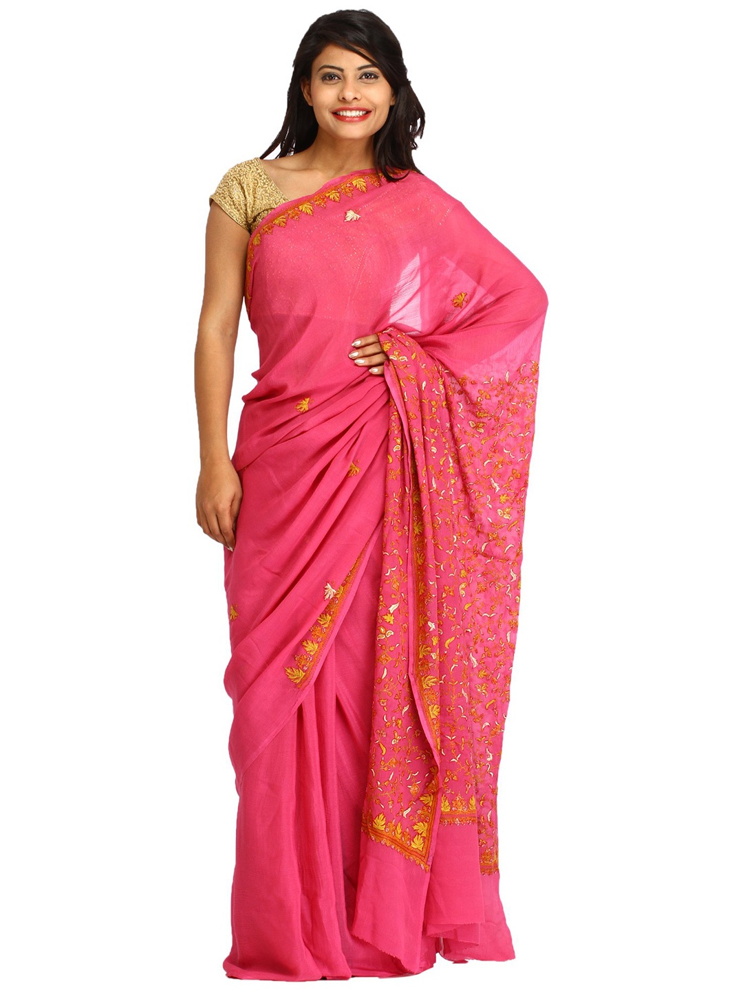 

Exotic India Floral Embroidered Pure Crepe Saree, Pink