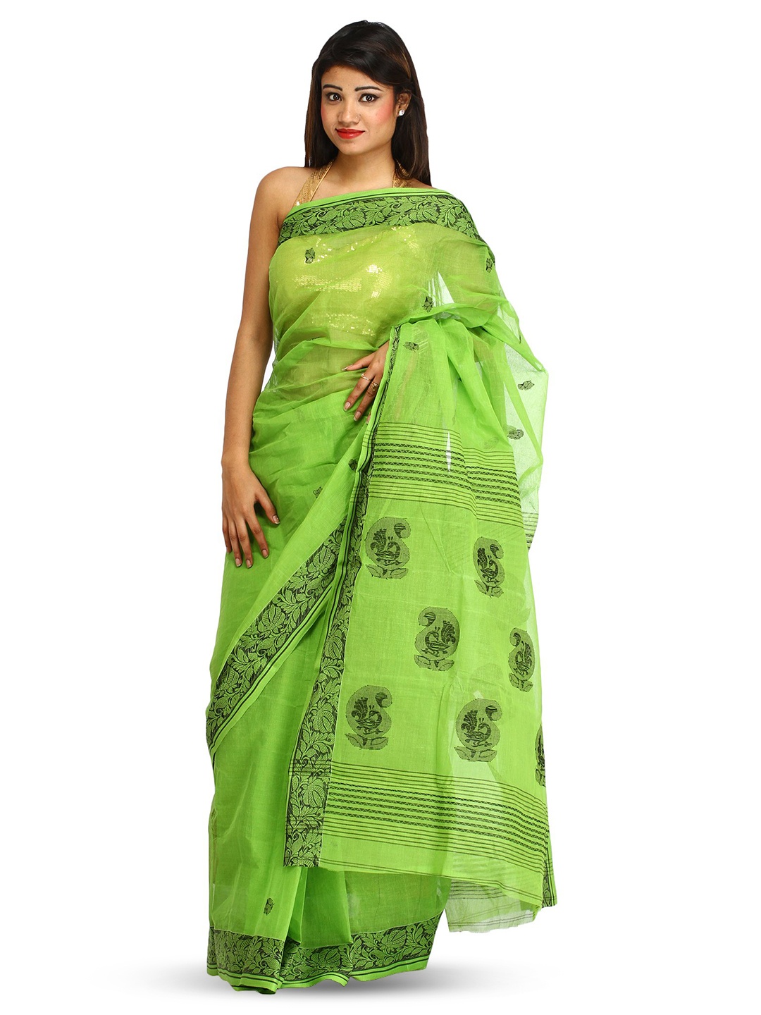 

Exotic India Woven Design Pure Cotton Saree, Green