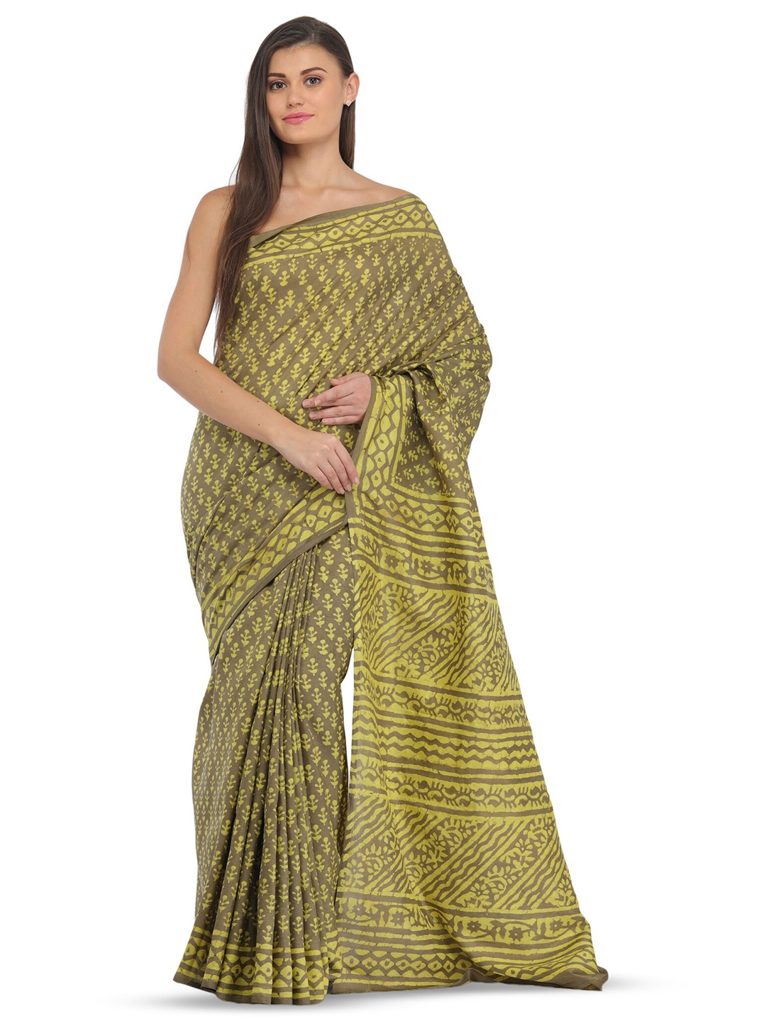 

Exotic India Floral Pure Silk Saree, Olive