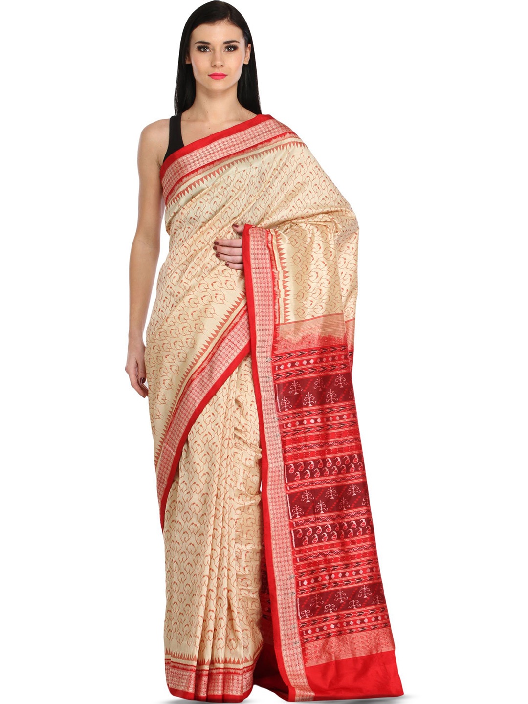 

Exotic India Pure Silk Sambalpuri Saree, Cream