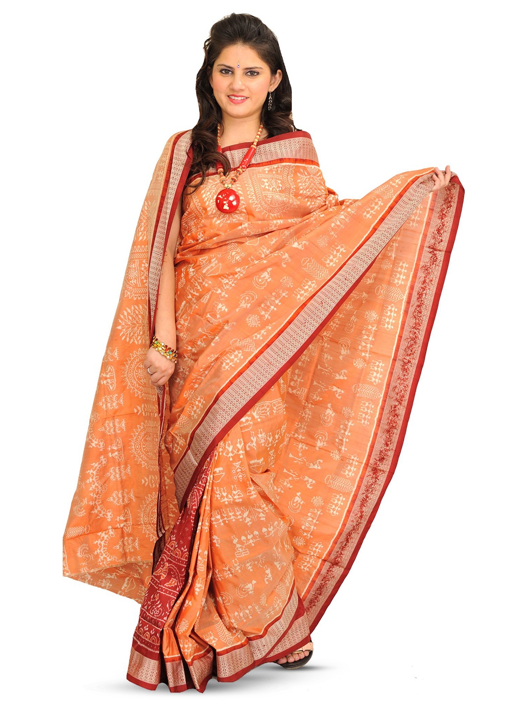 

Exotic India Warli Zari Pure Silk Bomkai silk Saree, Orange