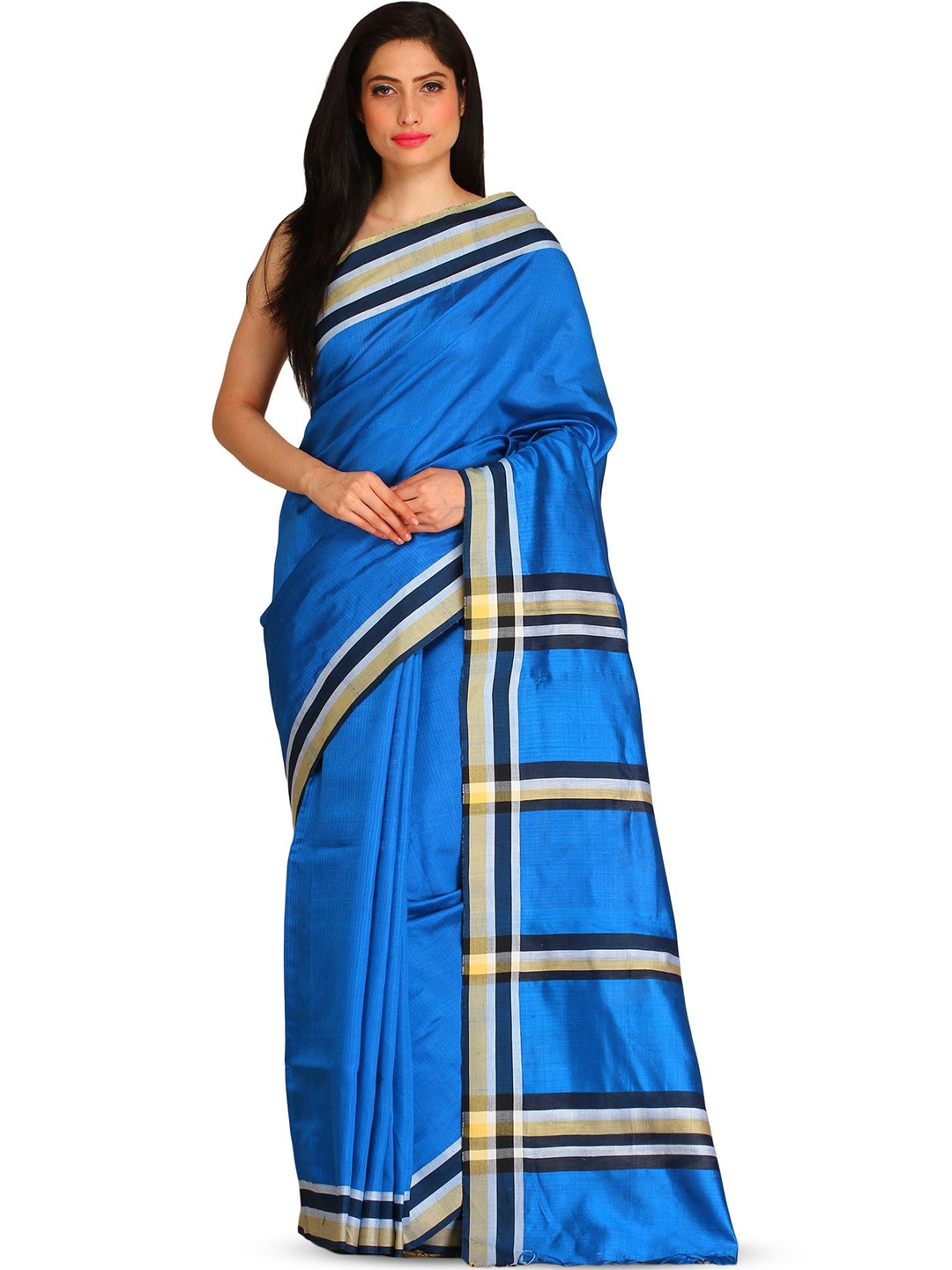 

Exotic India Plain Imperial Blue Saree with Woven Stripes