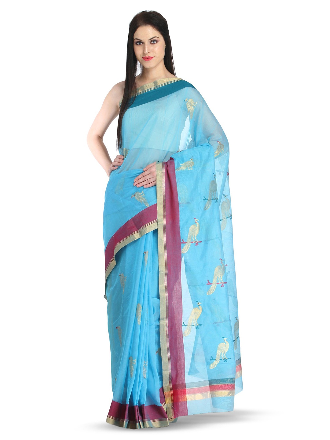 

Exotic India Woven Design Silk Cotton Chanderi Saree, Blue