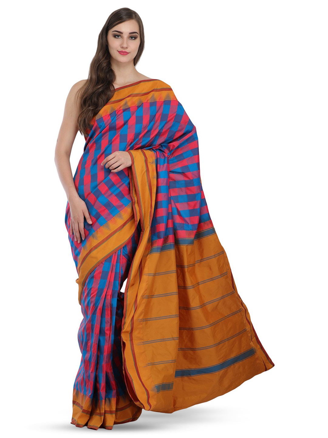 

Exotic India Pure Silk Woven Checks and Striped Saree with Pallu, Blue