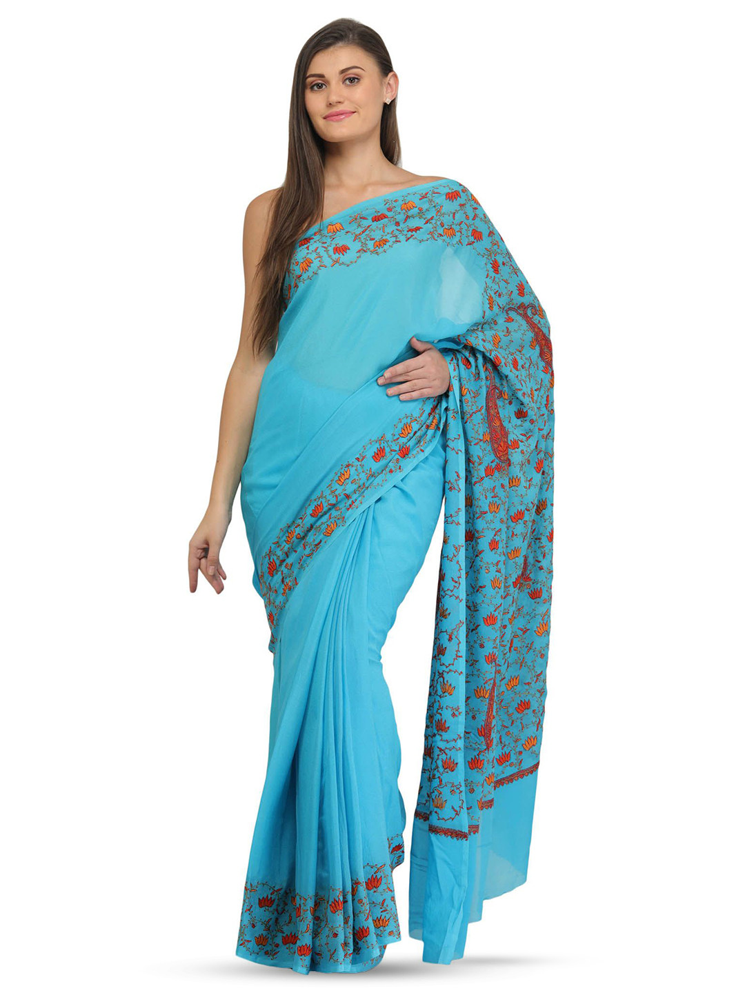 

Exotic India Pure Crepe Saree, Blue