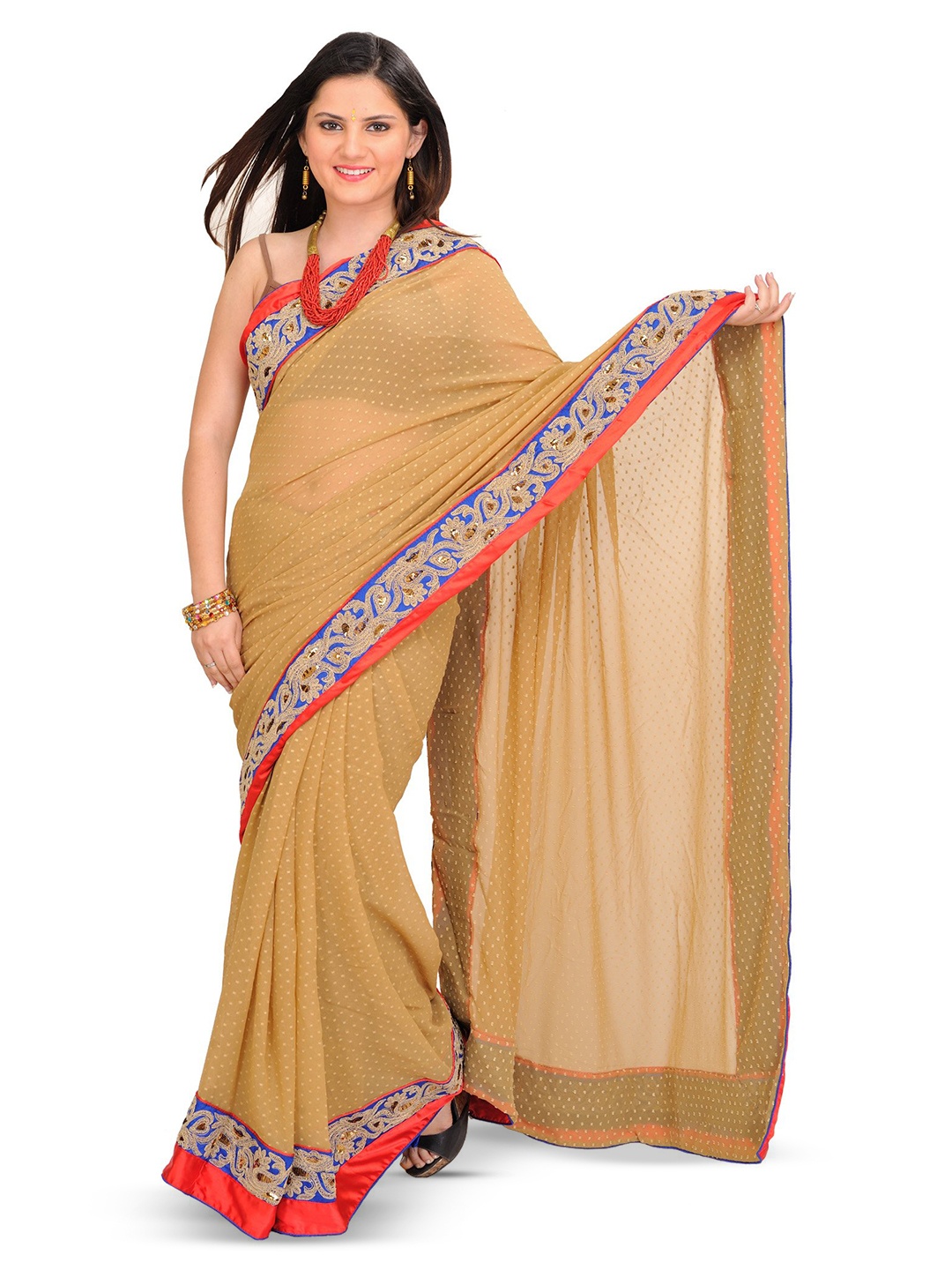 

Exotic India Warm Sand Wedding Shimmer Saree with Woven Bootis & Embroidered Patch Border, Brown