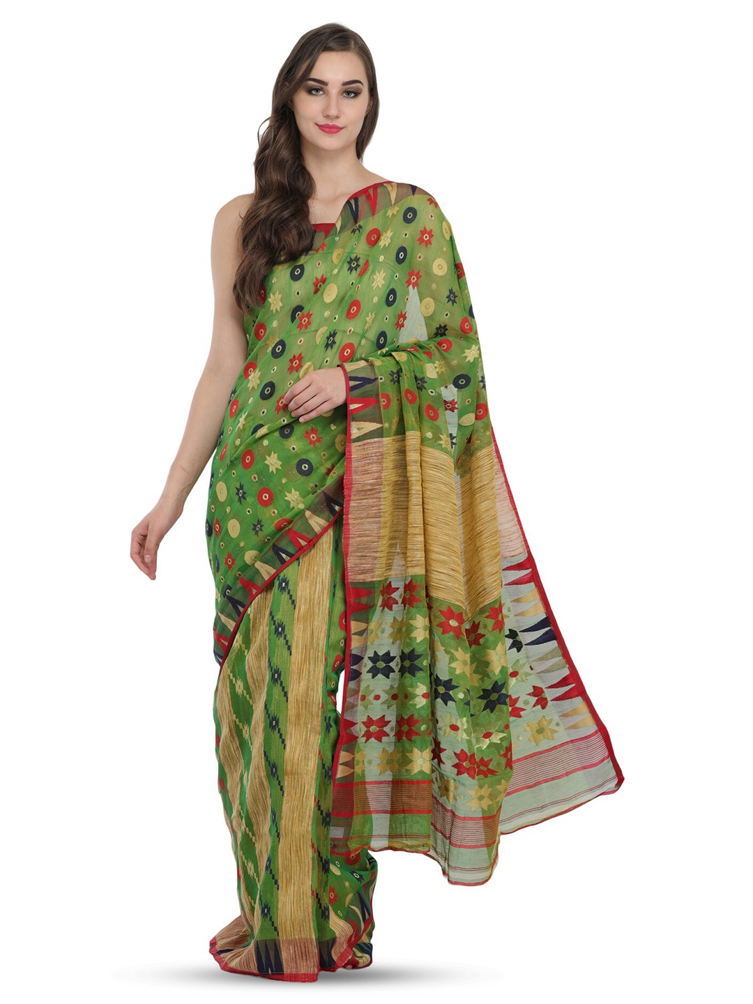 

Exotic India Woven Design Pure Cotton Saree, Green