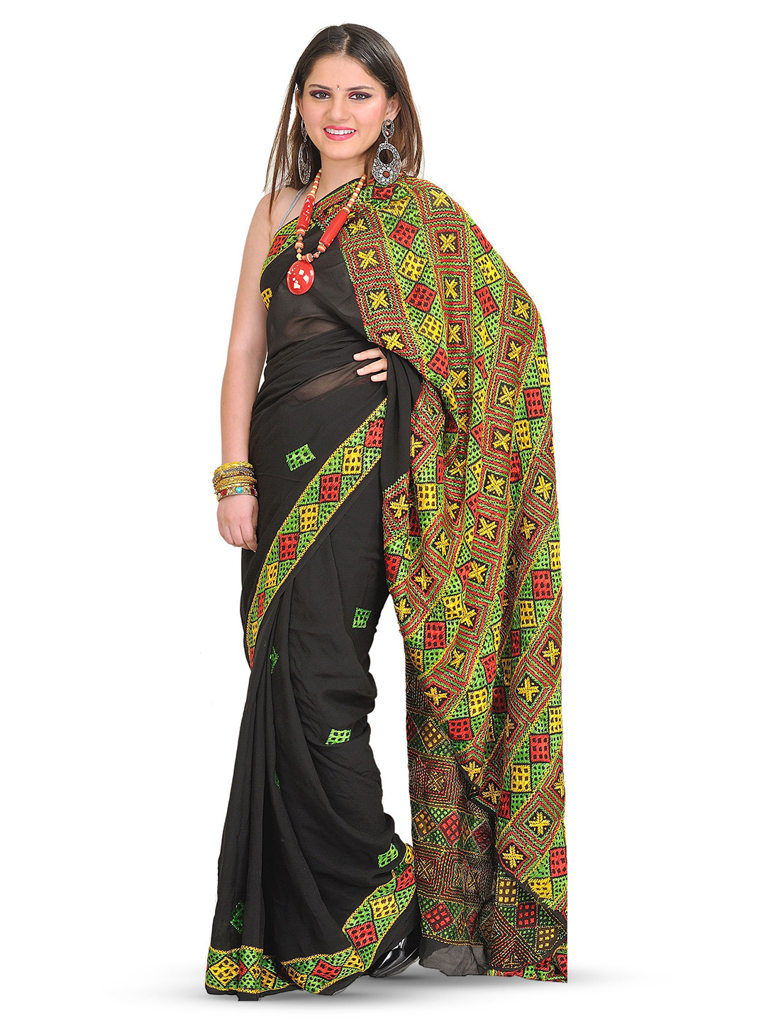 

Exotic India Phulkari Pure Georgette Saree, Black